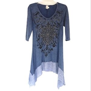 Liberty Wear USA Tunic Top Size S Blue Acid Wash Bling Asymmetrical Whimsigoth